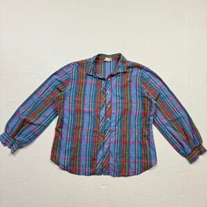 Vintage 80s Laura Mae Plaid Button Front Blouse, Size 12